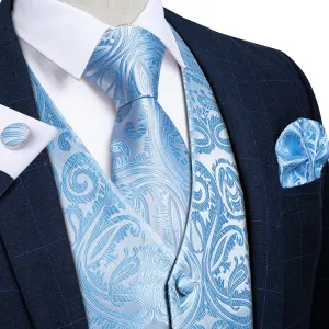 Radiant Sky Blue Paisley Silk Vest Set