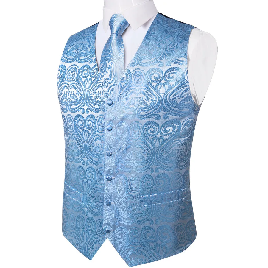 Radiant Sky Blue Paisley Silk Vest Set