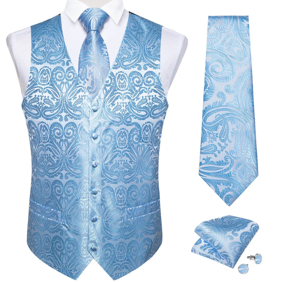 Radiant Sky Blue Paisley Silk Vest Set