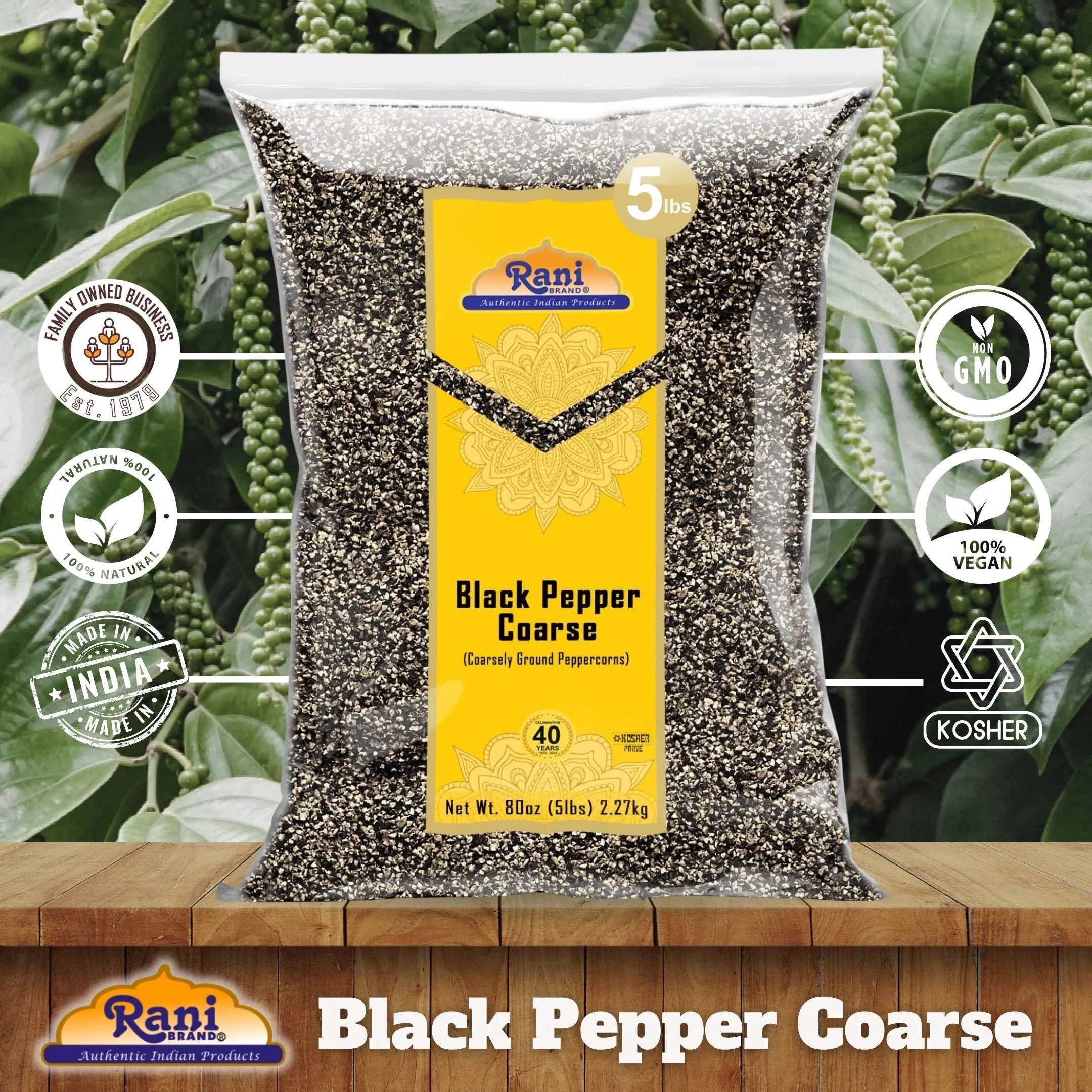 Rani Black Pepper Coarse Ground 28 Mesh (Table Grind), 80oz (5lbs) 2.27kg Bulk ~ Gluten Friendly | Non-GMO | Kosher | All Natural