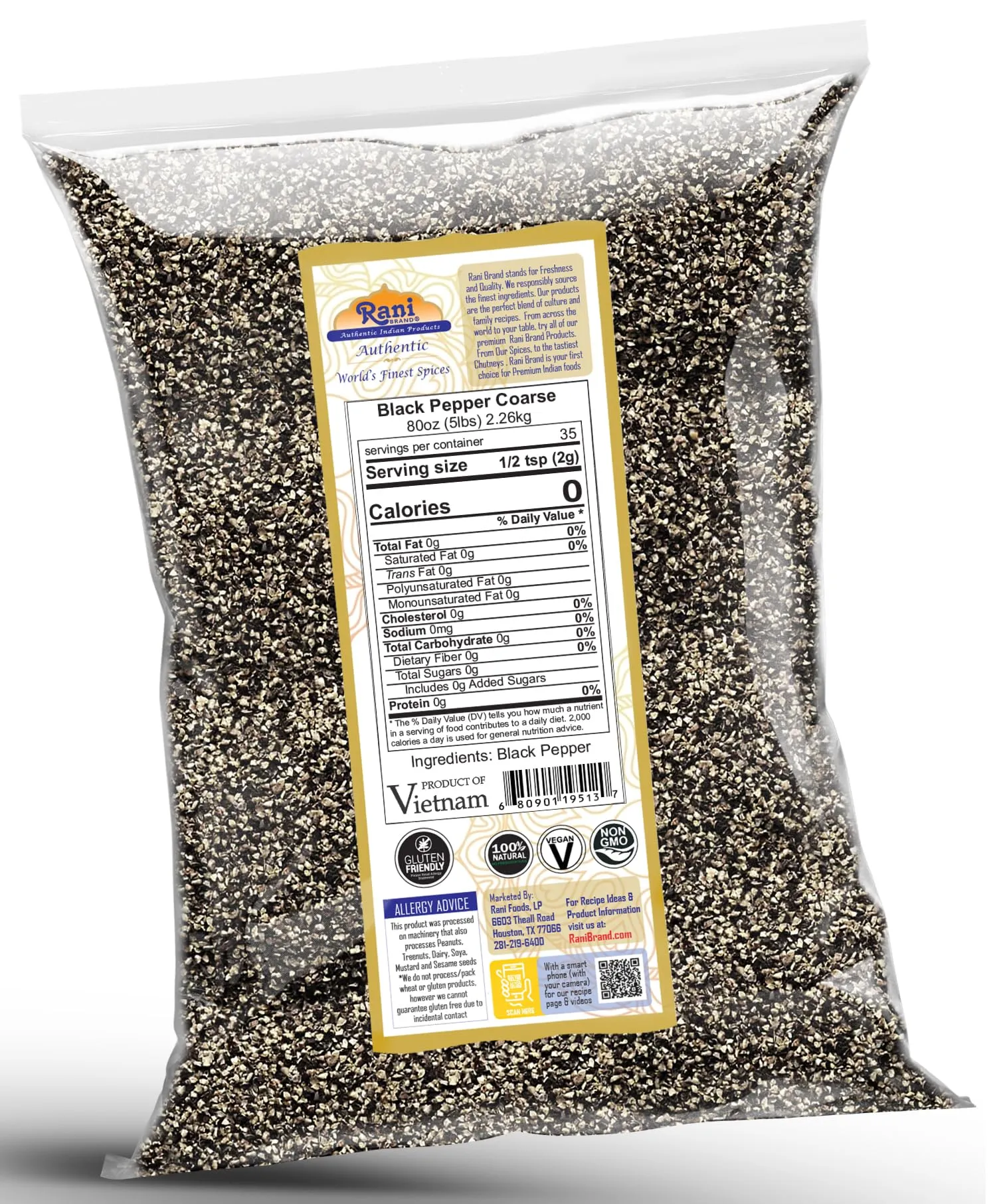 Rani Black Pepper Coarse Ground 28 Mesh (Table Grind), 80oz (5lbs) 2.27kg Bulk ~ Gluten Friendly | Non-GMO | Kosher | All Natural