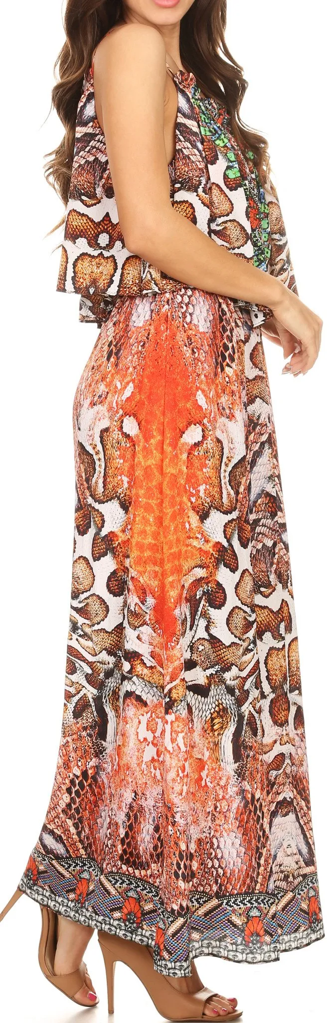 Sakkas Itika Sleeveless Printed Overlay Maxi Dress | Cover Up with Ruched Neckline