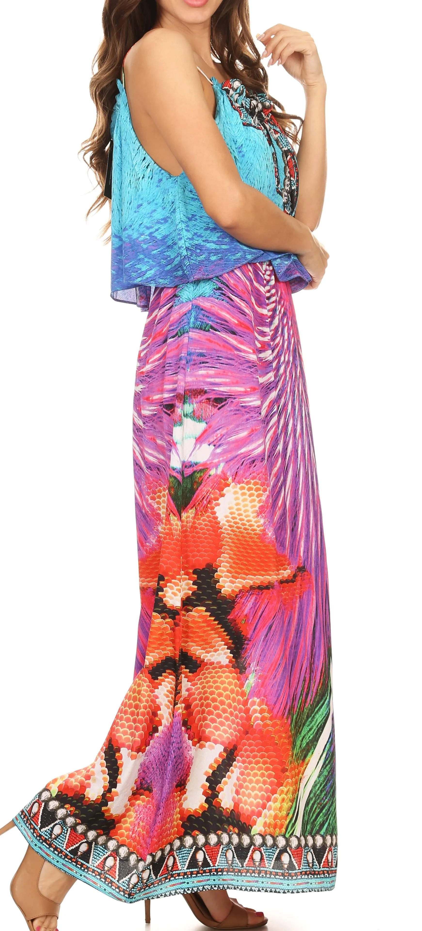 Sakkas Itika Sleeveless Printed Overlay Maxi Dress | Cover Up with Ruched Neckline