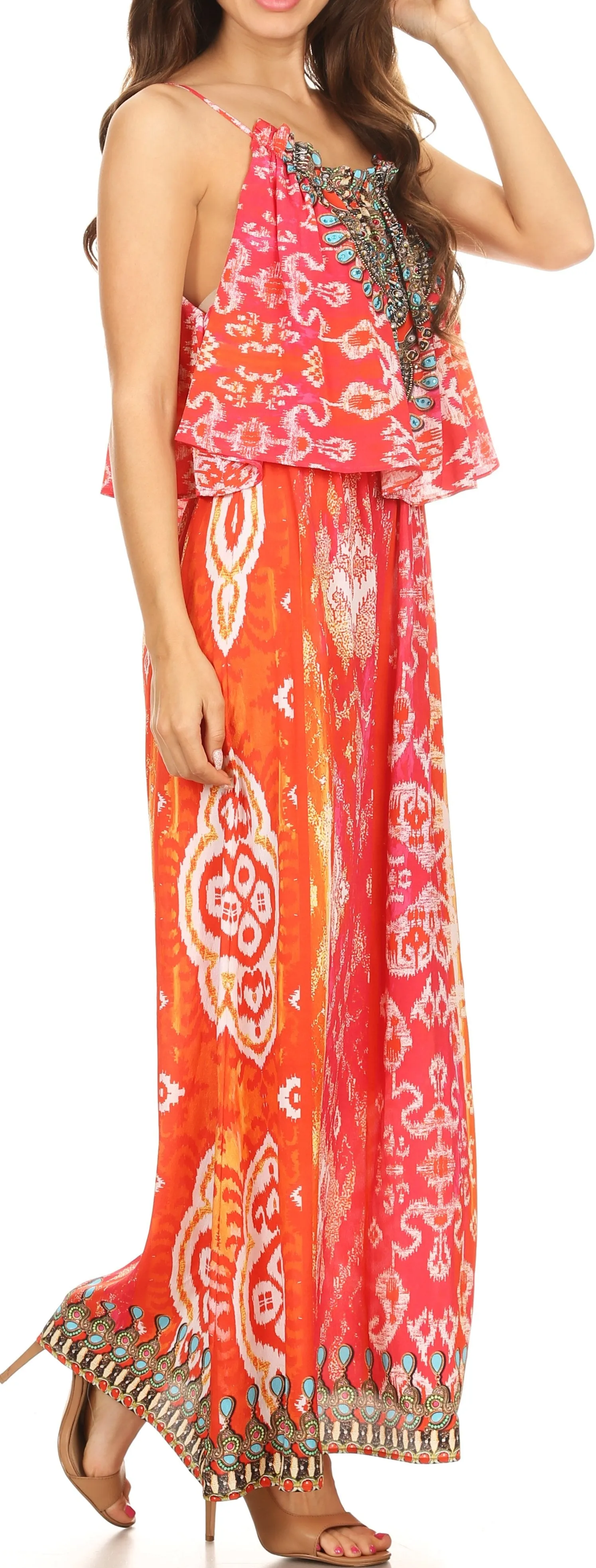 Sakkas Itika Sleeveless Printed Overlay Maxi Dress | Cover Up with Ruched Neckline