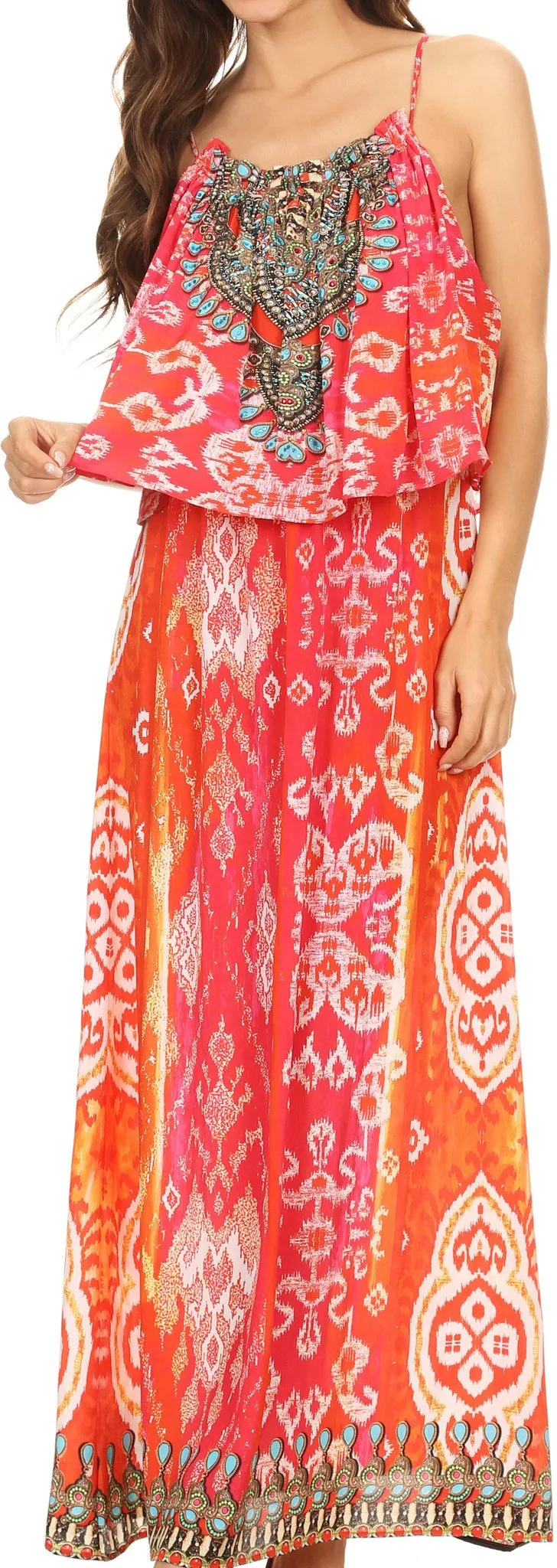 Sakkas Itika Sleeveless Printed Overlay Maxi Dress | Cover Up with Ruched Neckline