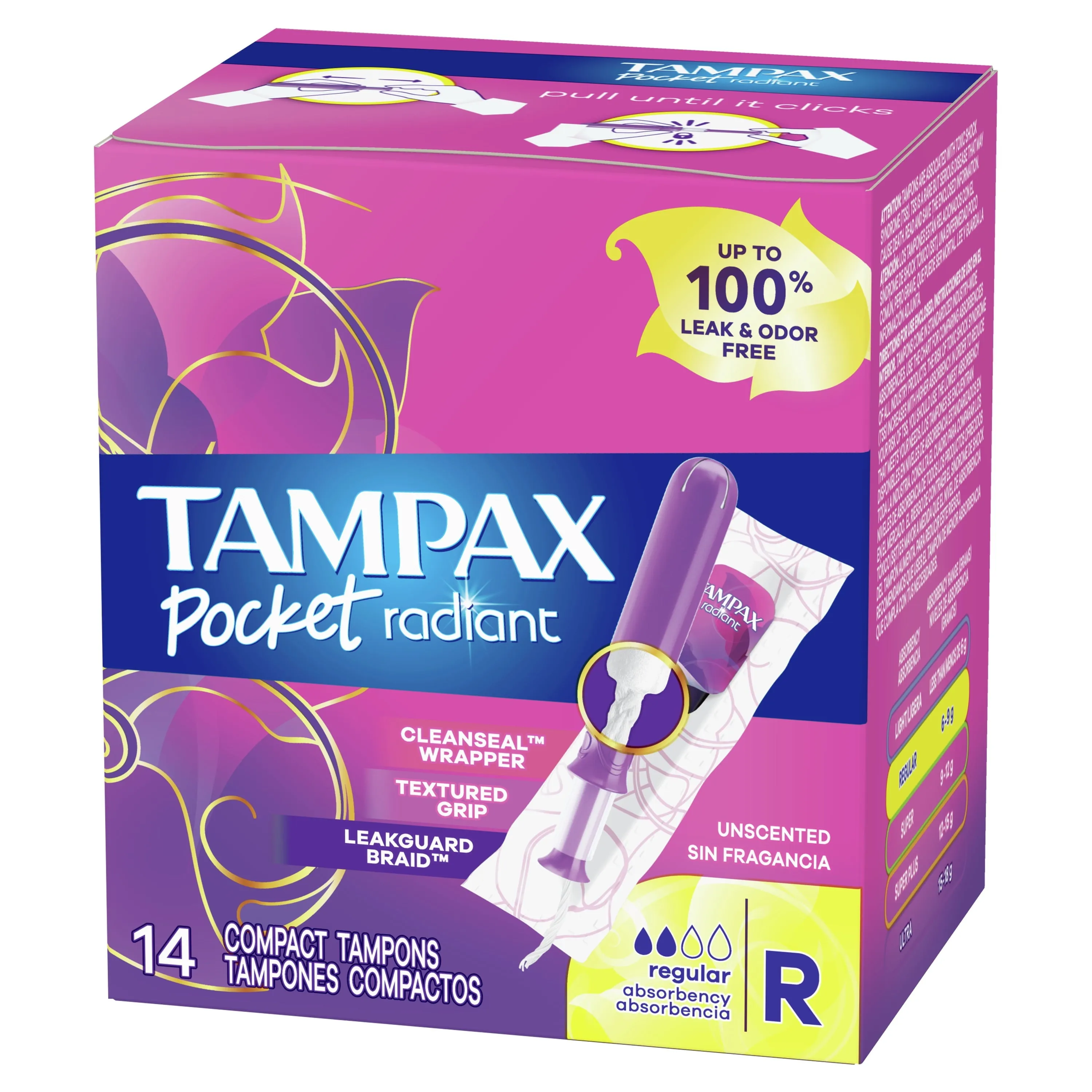 Tampax Pocket Radiant Tampons with LeakGuard Braid, Regular Absorbency, 14 Ct