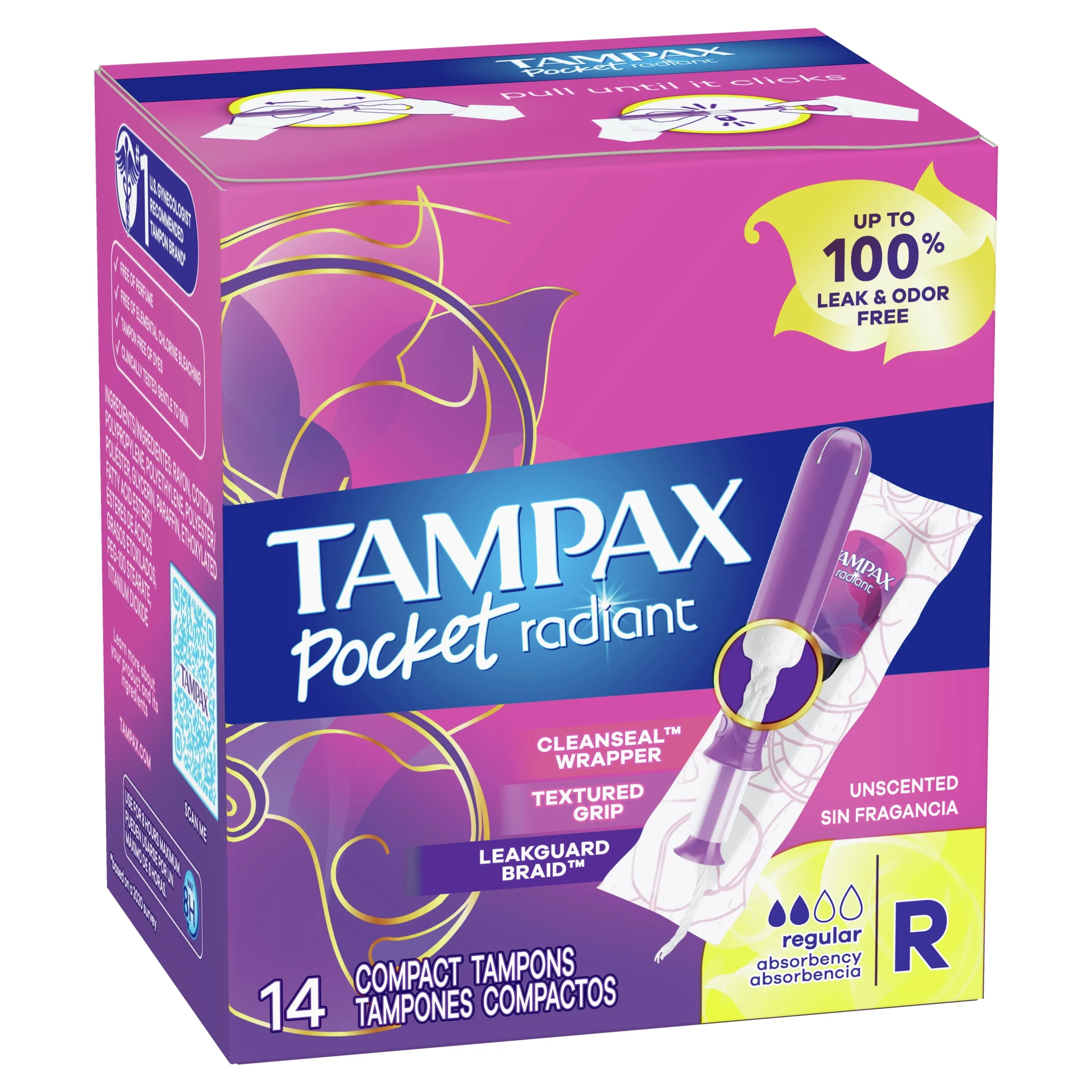 Tampax Pocket Radiant Tampons with LeakGuard Braid, Regular Absorbency, 14 Ct