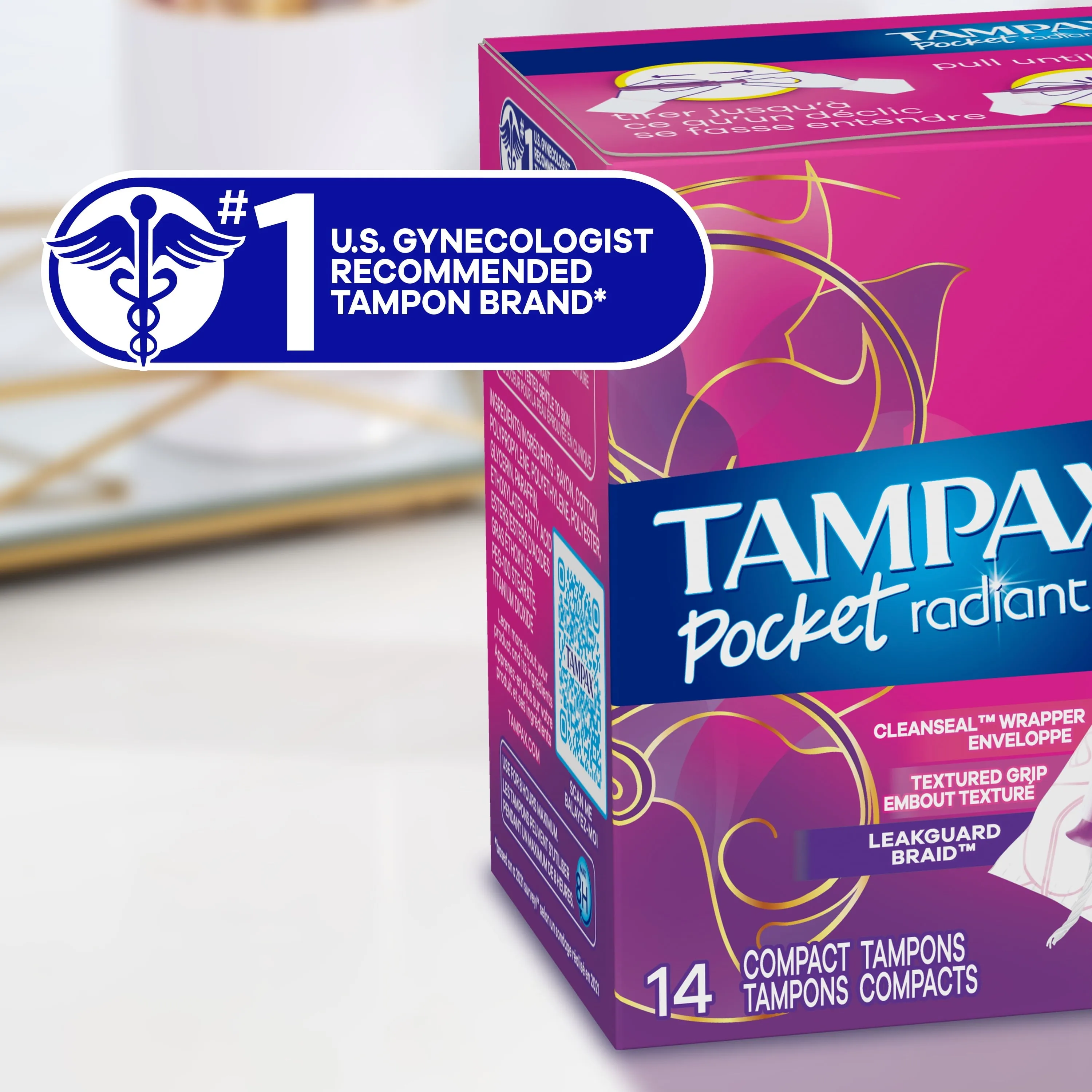 Tampax Pocket Radiant Tampons with LeakGuard Braid, Regular Absorbency, 14 Ct