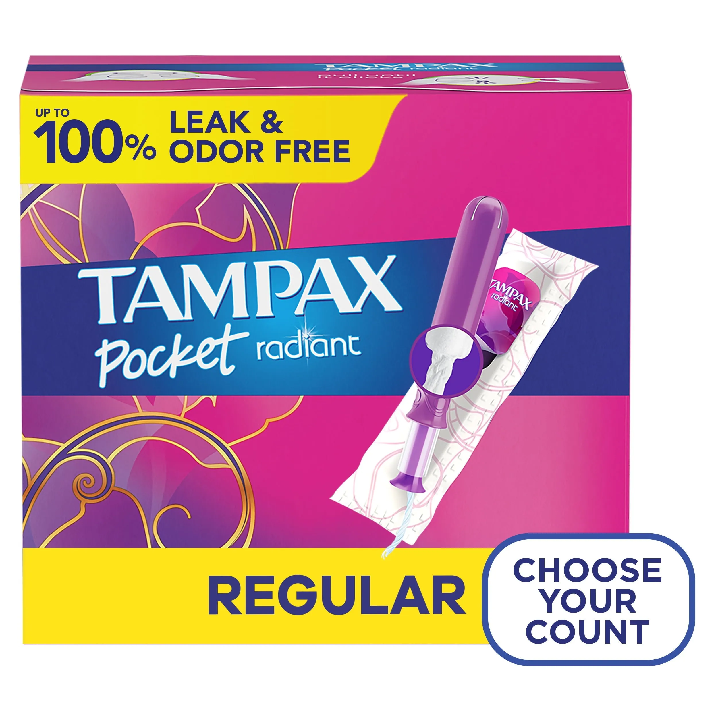 Tampax Pocket Radiant Tampons with LeakGuard Braid, Regular Absorbency, 14 Ct