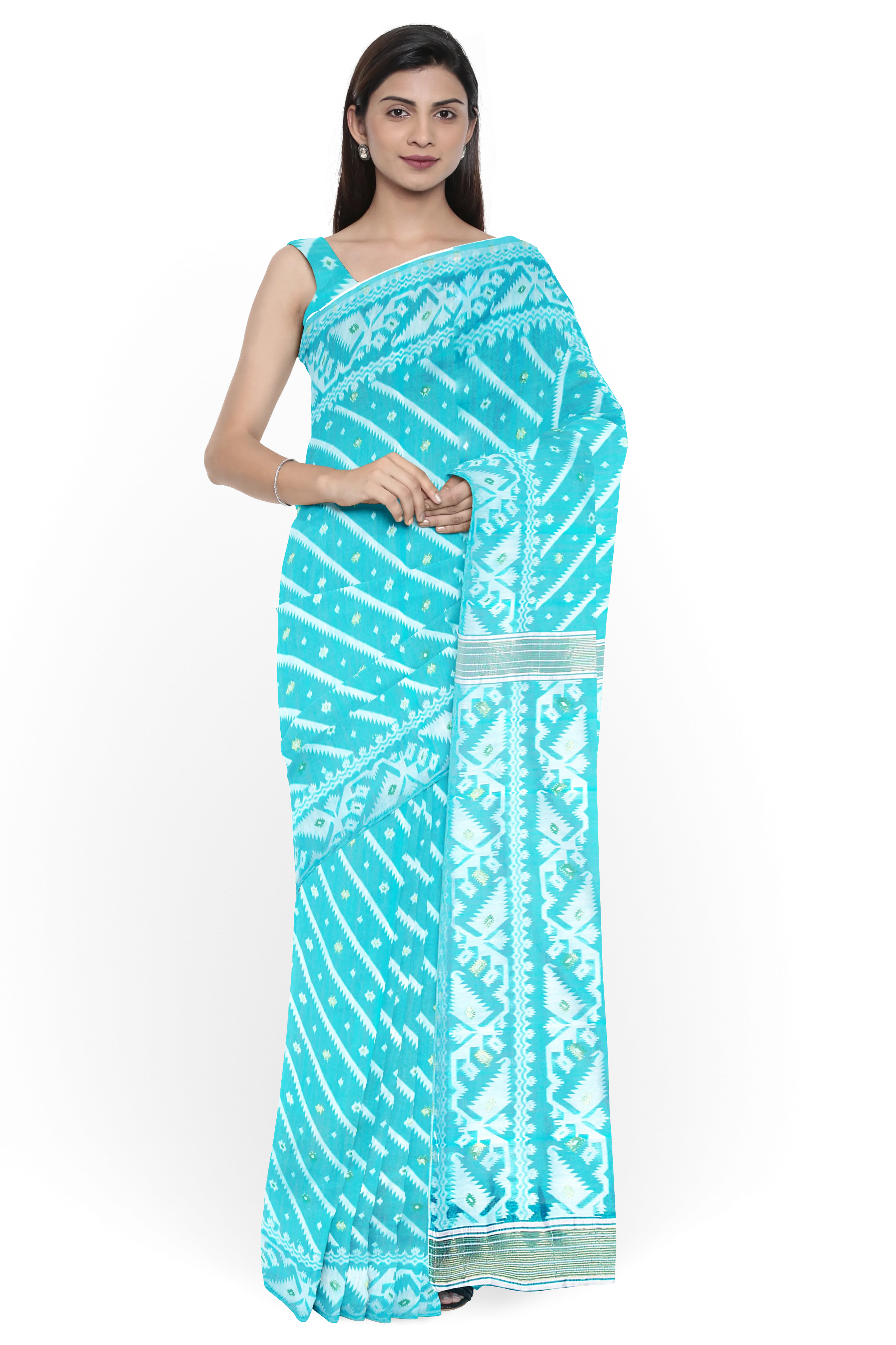 Turquoise Blue LIVA Saree with Jamdani Weave