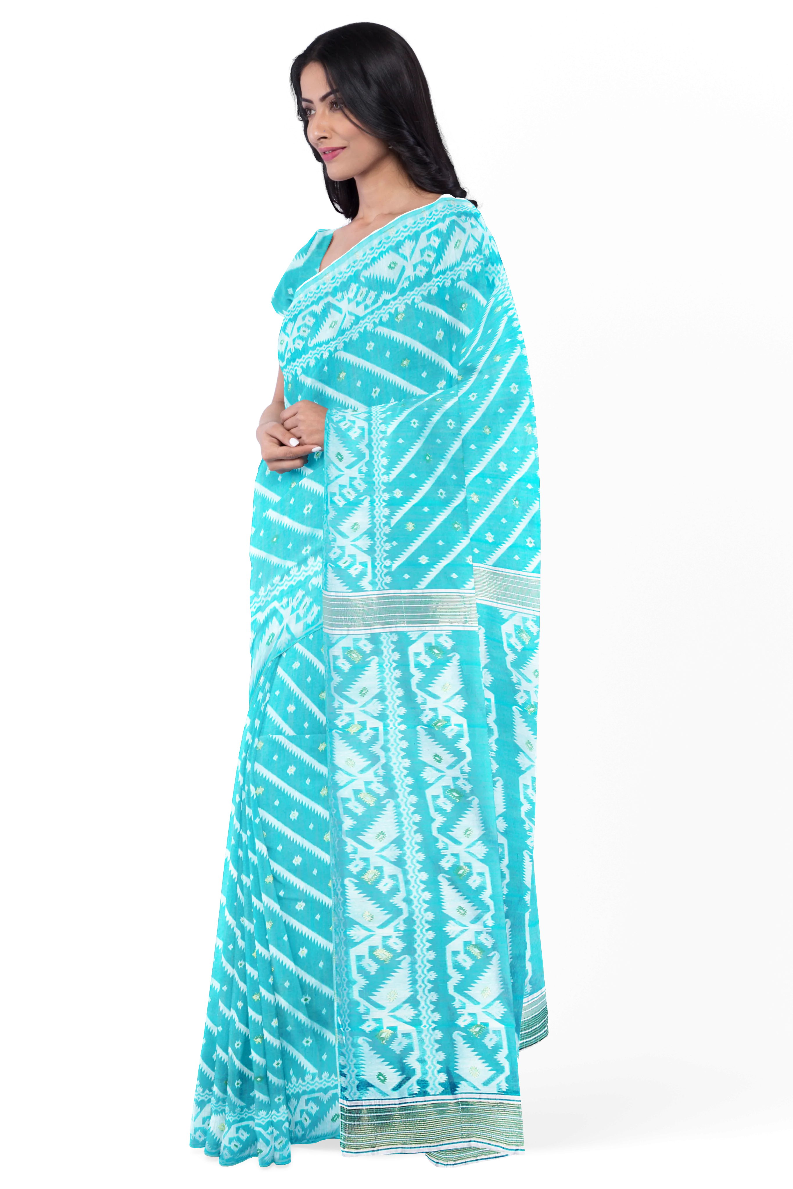 Turquoise Blue LIVA Saree with Jamdani Weave