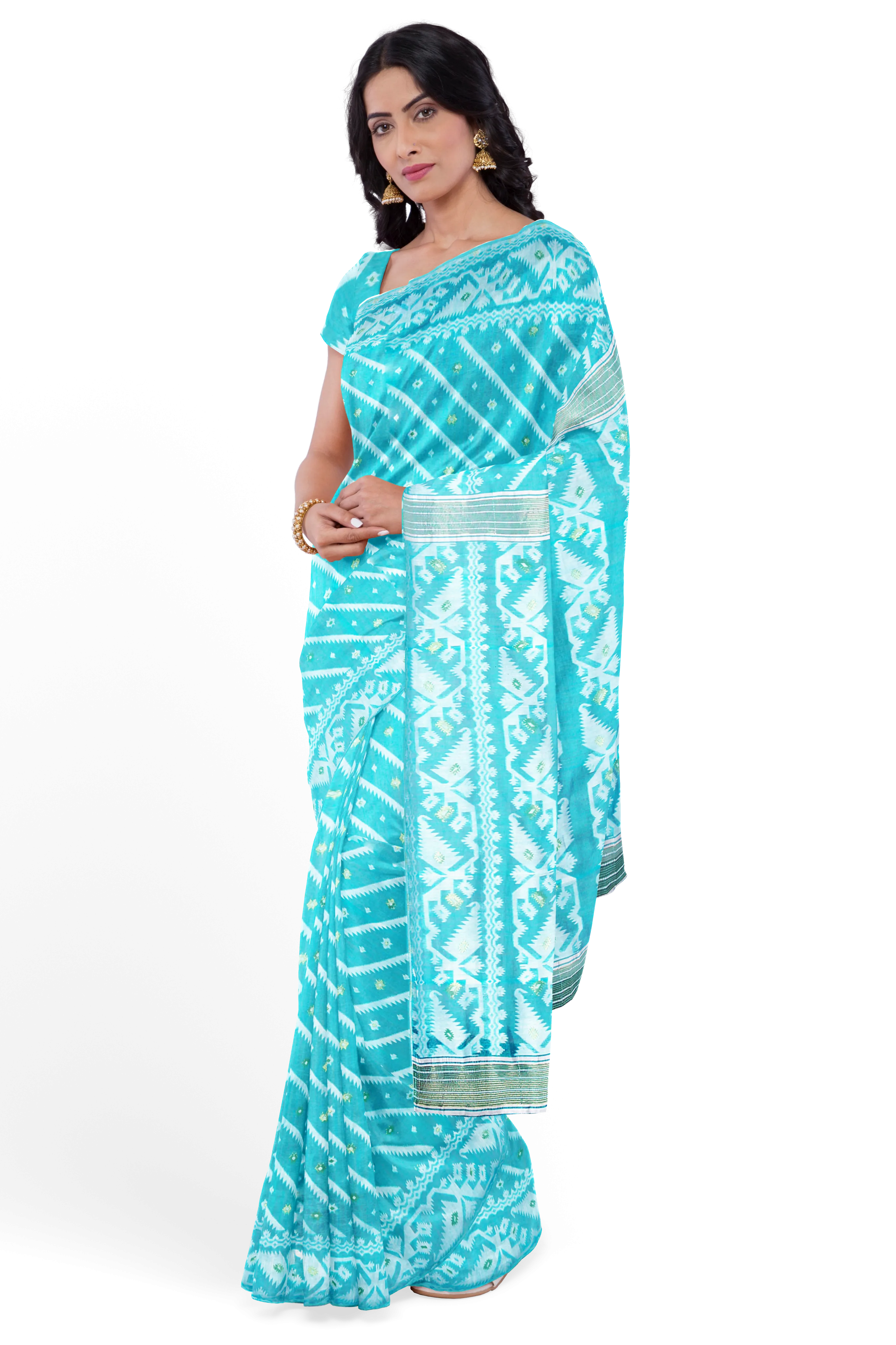 Turquoise Blue LIVA Saree with Jamdani Weave