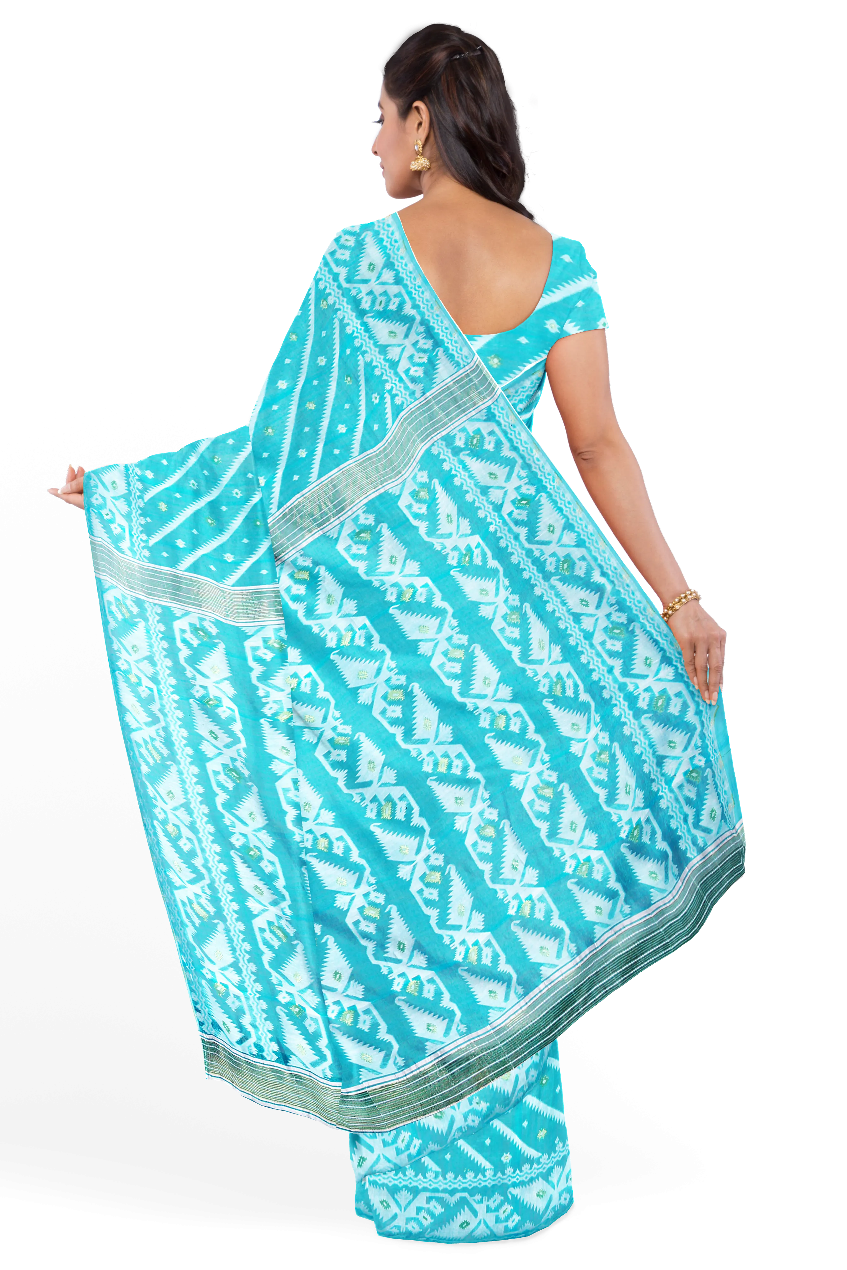 Turquoise Blue LIVA Saree with Jamdani Weave