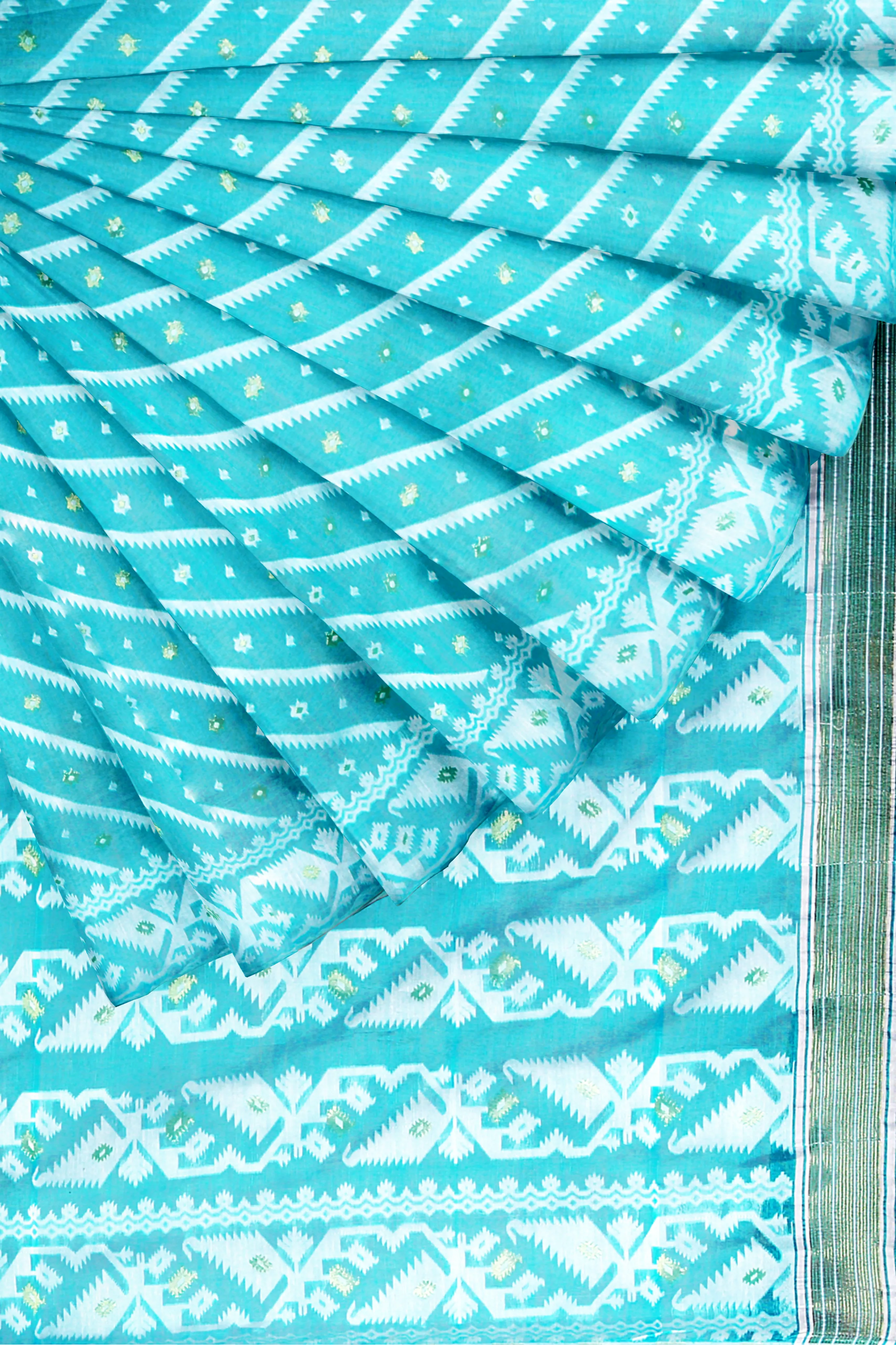 Turquoise Blue LIVA Saree with Jamdani Weave