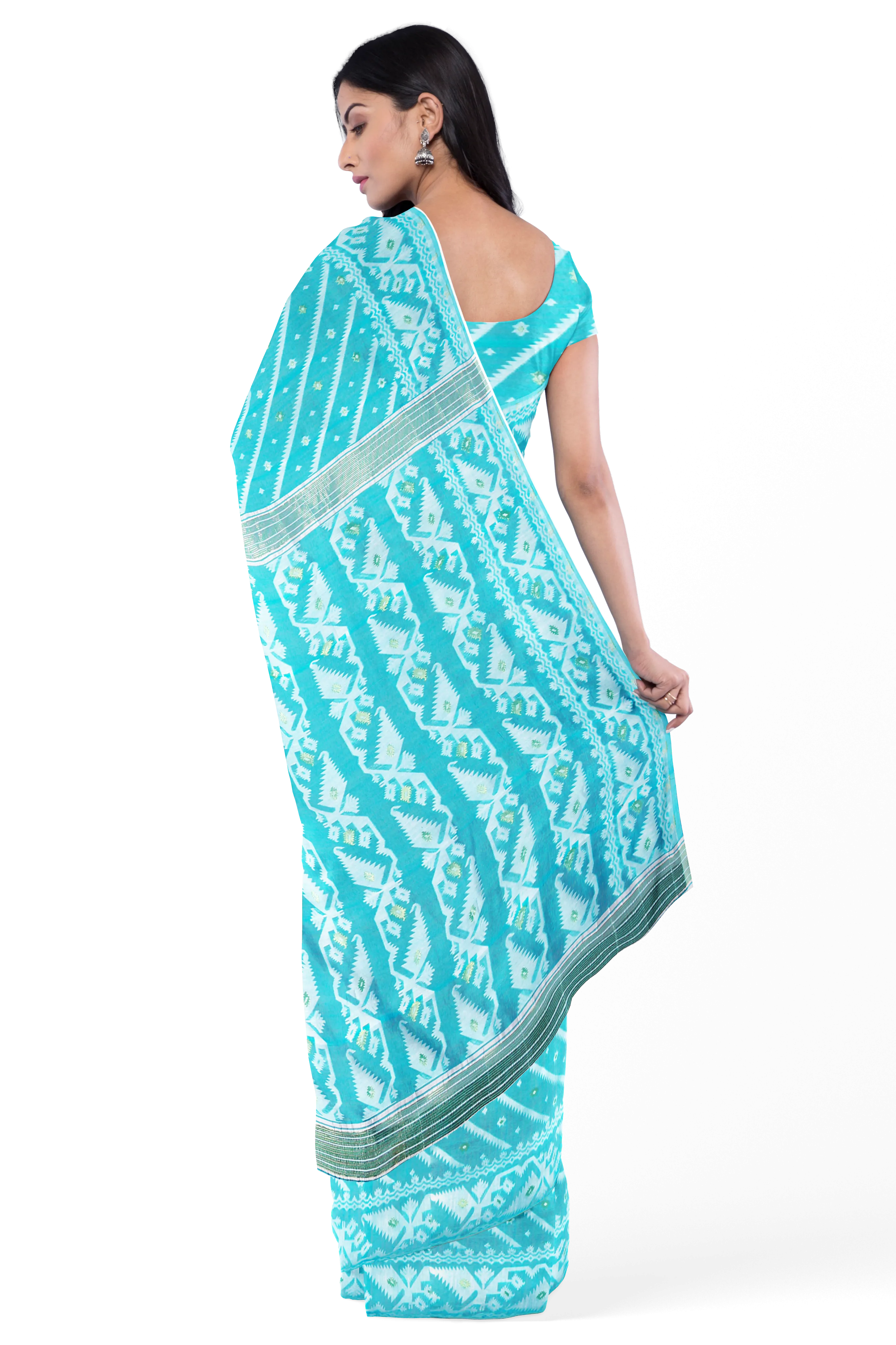 Turquoise Blue LIVA Saree with Jamdani Weave