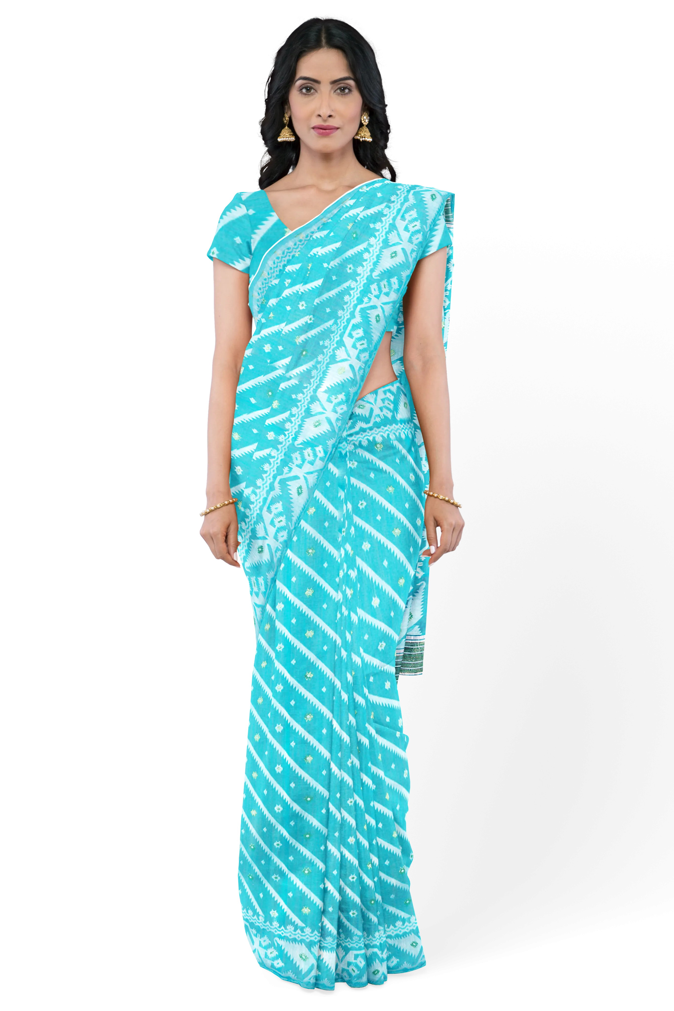 Turquoise Blue LIVA Saree with Jamdani Weave