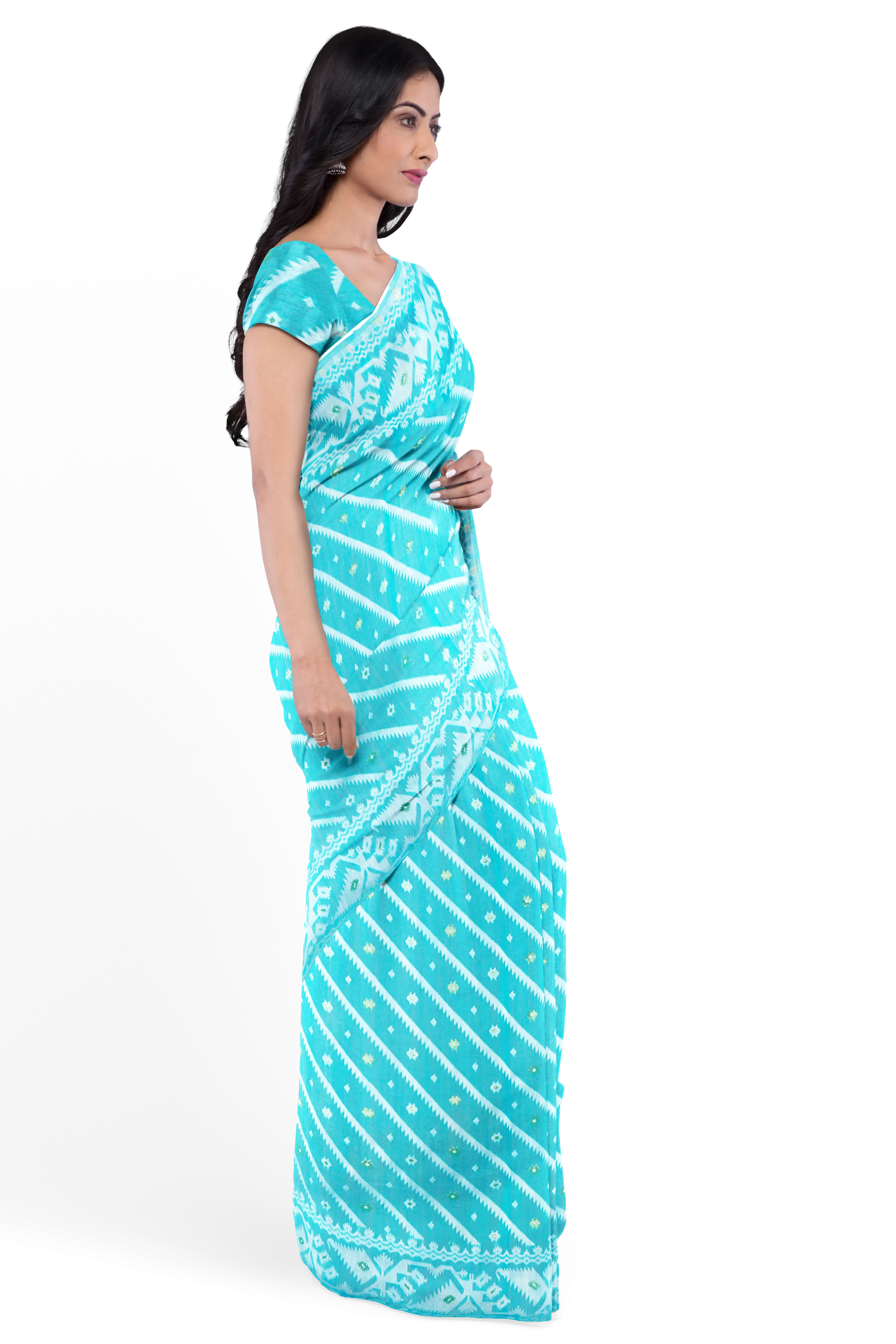 Turquoise Blue LIVA Saree with Jamdani Weave