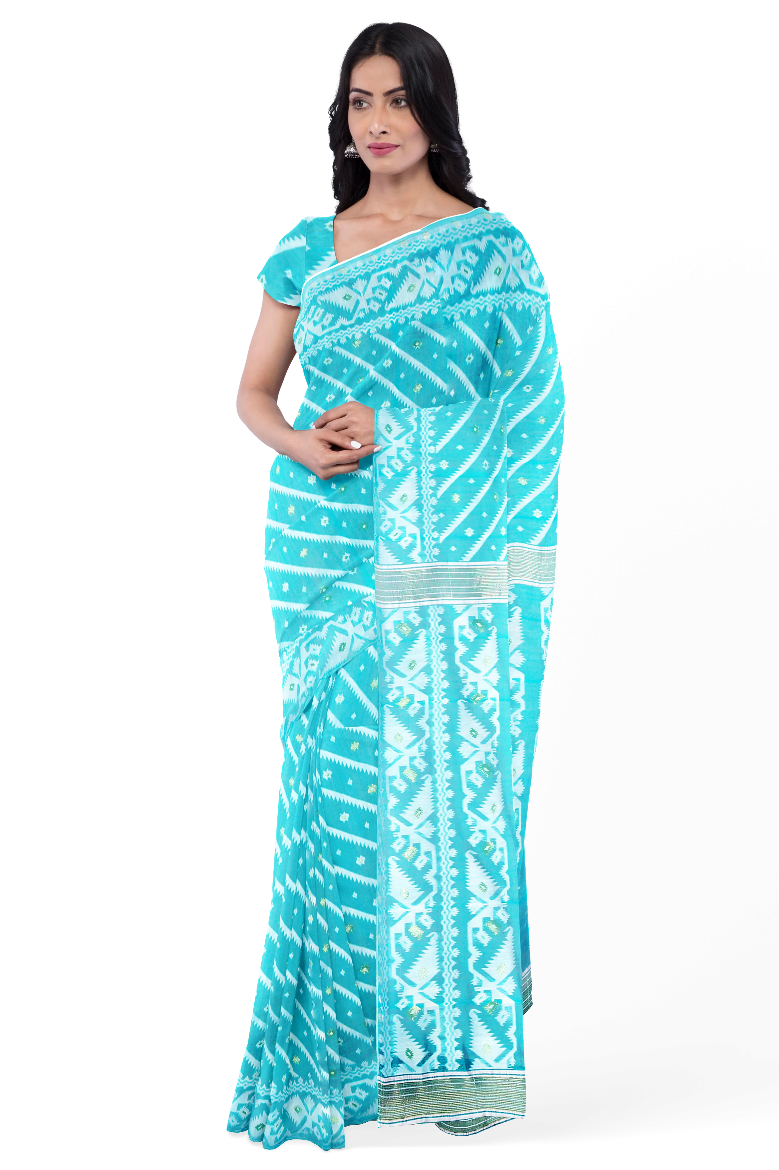 Turquoise Blue LIVA Saree with Jamdani Weave