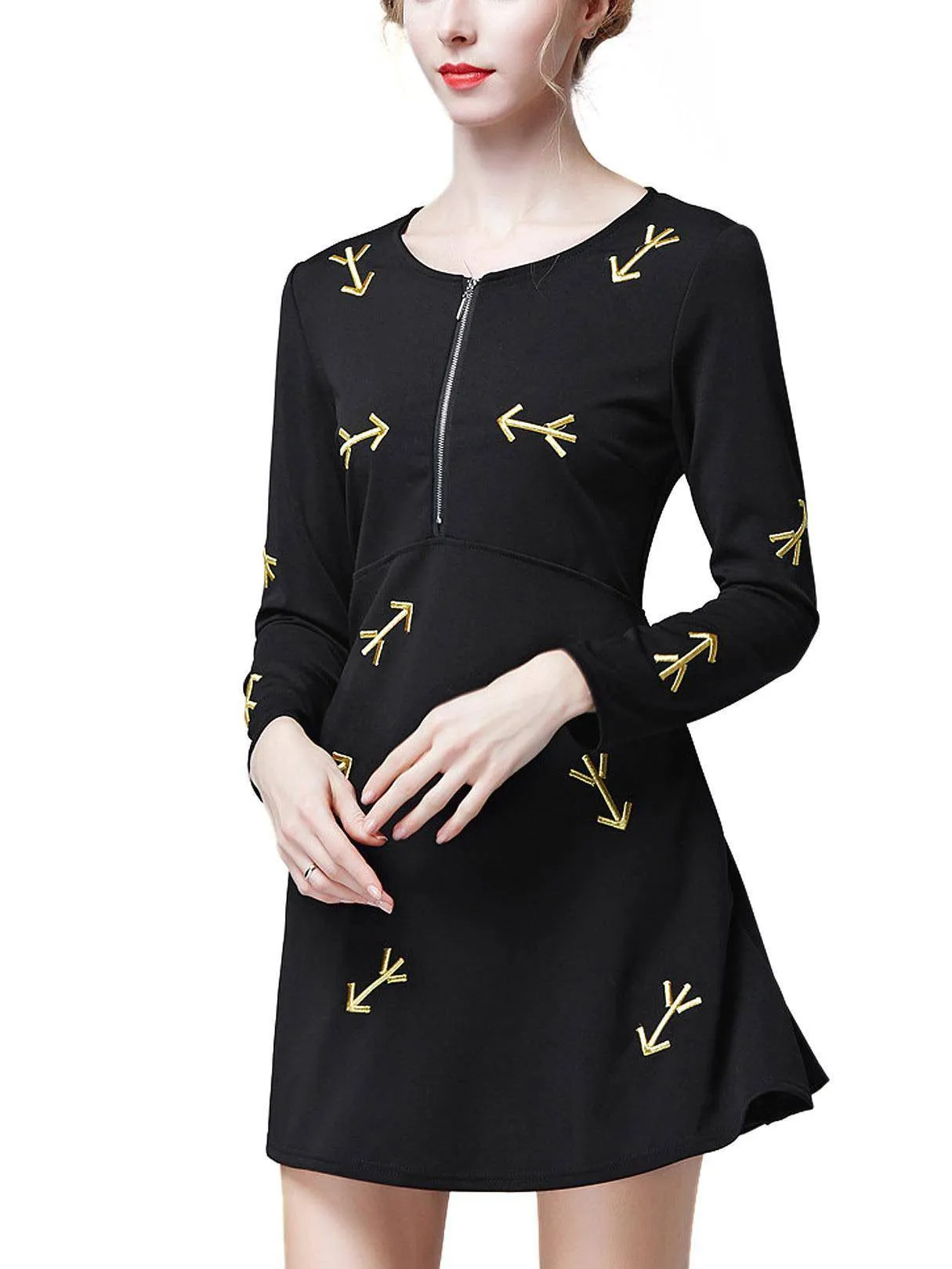 Wholesale Black Round Neck Long Sleeve Embroidered Zip Back Curved Hem Mini Dresses