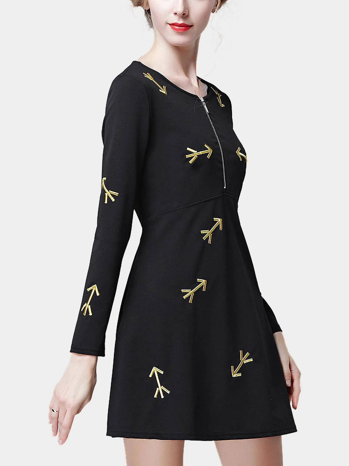 Wholesale Black Round Neck Long Sleeve Embroidered Zip Back Curved Hem Mini Dresses