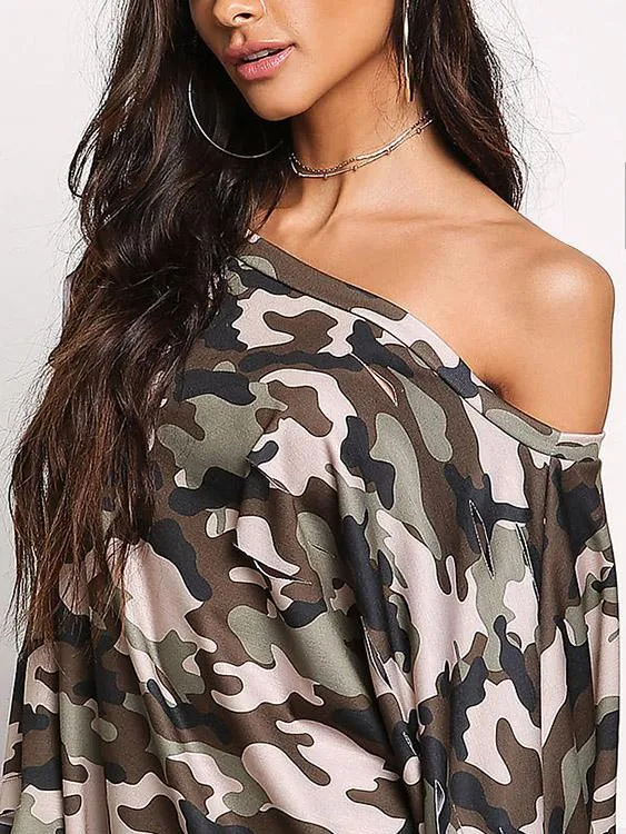 Wholesale Camo One Shoulder Long Sleeve Camouflage Random Ripped Cut Out Mini Dress