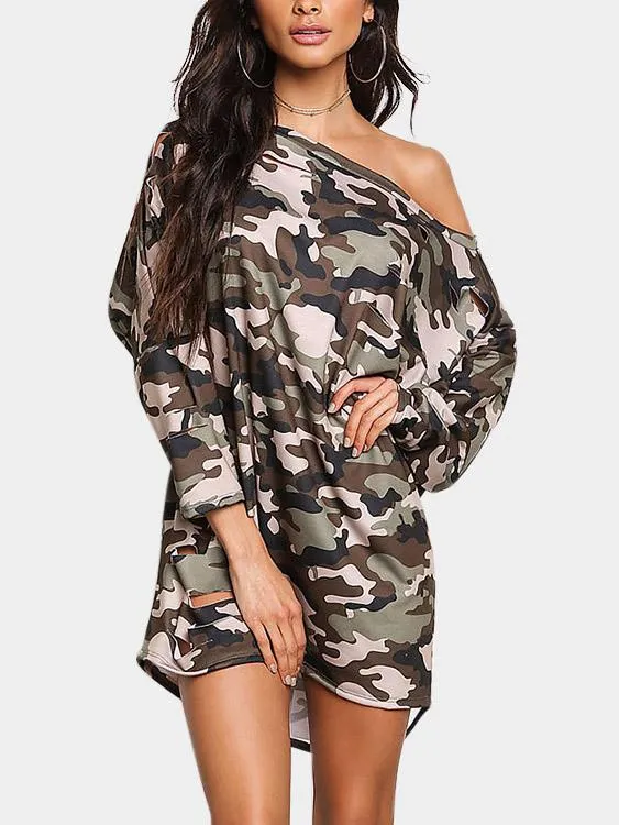 Wholesale Camo One Shoulder Long Sleeve Camouflage Random Ripped Cut Out Mini Dress