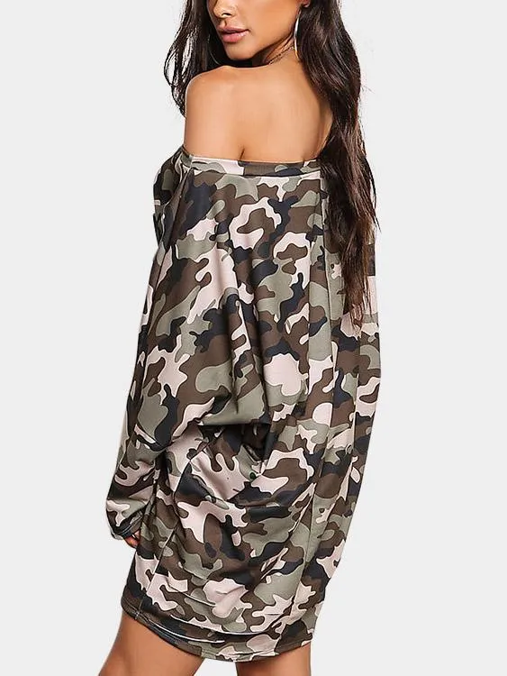 Wholesale Camo One Shoulder Long Sleeve Camouflage Random Ripped Cut Out Mini Dress