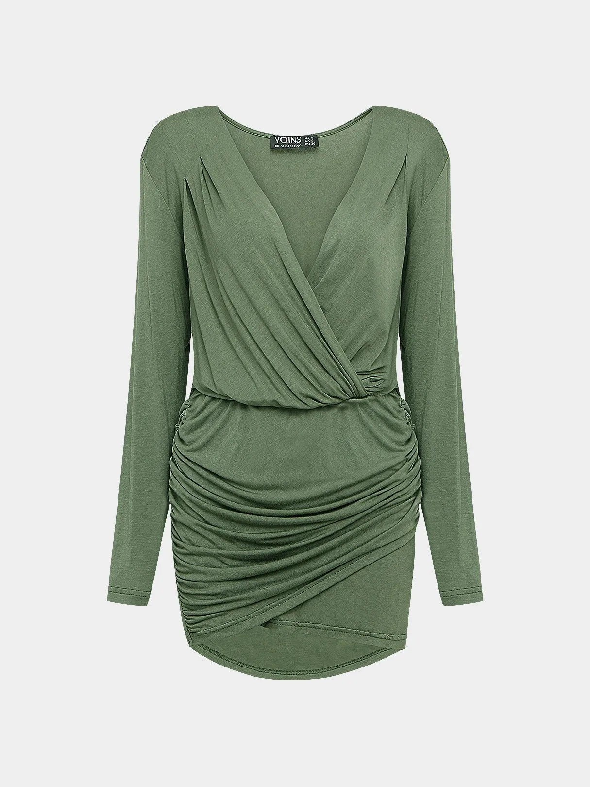 Wholesale Green V-Neck Long Sleeve Plain Wrap Irregular Hem Mini Dress