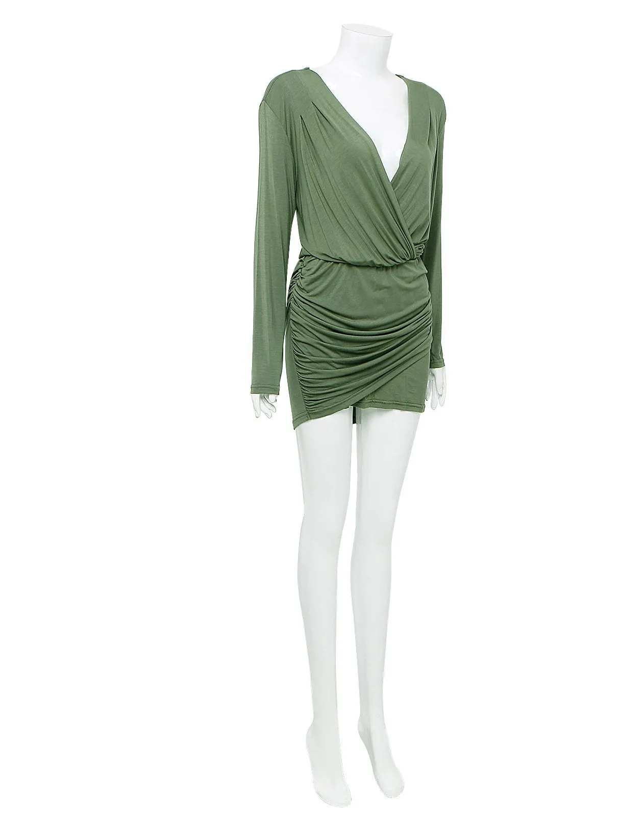 Wholesale Green V-Neck Long Sleeve Plain Wrap Irregular Hem Mini Dress