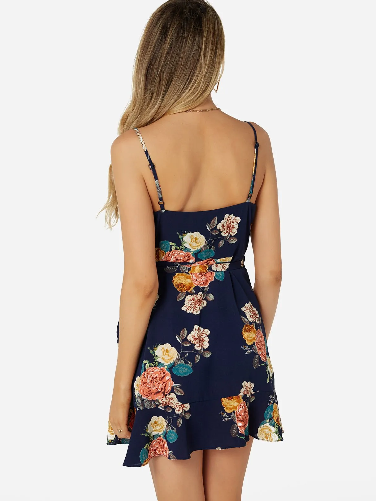 Wholesale Navy V-Neck Sleeveless Floral Print Self-Tie Wrap Flounced Hem Mini Dresses