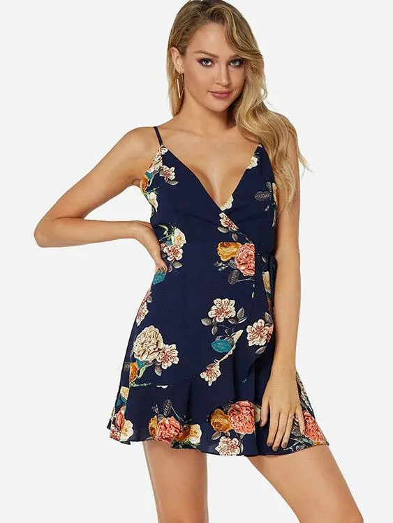 Wholesale Navy V-Neck Sleeveless Floral Print Self-Tie Wrap Flounced Hem Mini Dresses