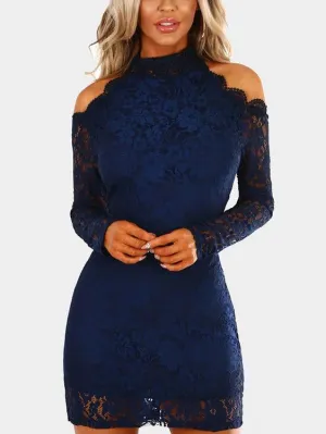 Wholesale Round Neck Cold Shoulder Long Sleeve Lace Zip Back Cut Out Bodycon Mini Dresses