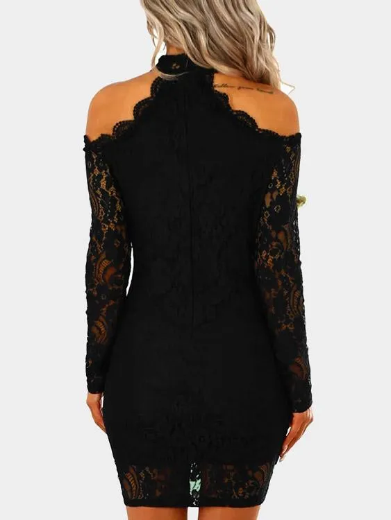 Wholesale Round Neck Cold Shoulder Long Sleeve Lace Zip Back Cut Out Bodycon Mini Dresses