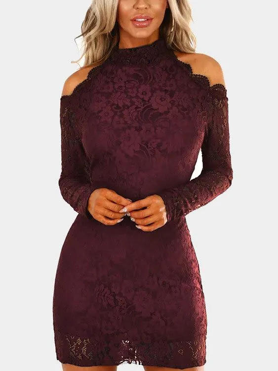 Wholesale Round Neck Cold Shoulder Long Sleeve Lace Zip Back Cut Out Bodycon Mini Dresses