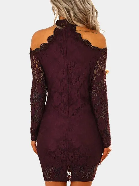 Wholesale Round Neck Cold Shoulder Long Sleeve Lace Zip Back Cut Out Bodycon Mini Dresses