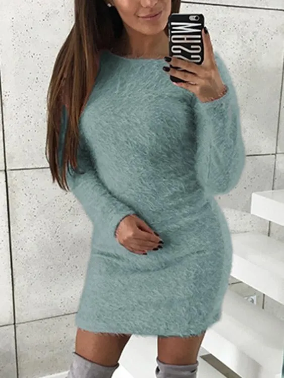 Wholesale Round Neck Long Sleeve Plain Fashion Mini Dress