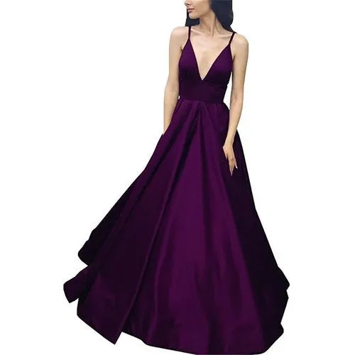 Women Satin Wedding Dress V Neck Satin Long Prom Dress Party Prom Gown