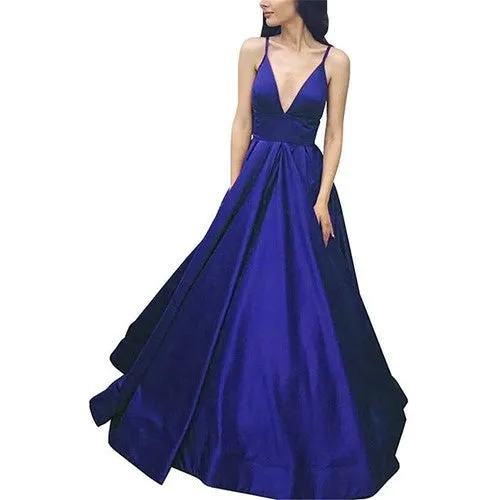 Women Satin Wedding Dress V Neck Satin Long Prom Dress Party Prom Gown